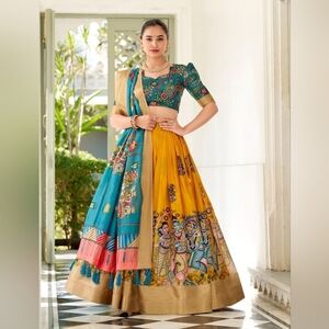 Yellow Kalamkari Print Dola Silk Lehenga Set